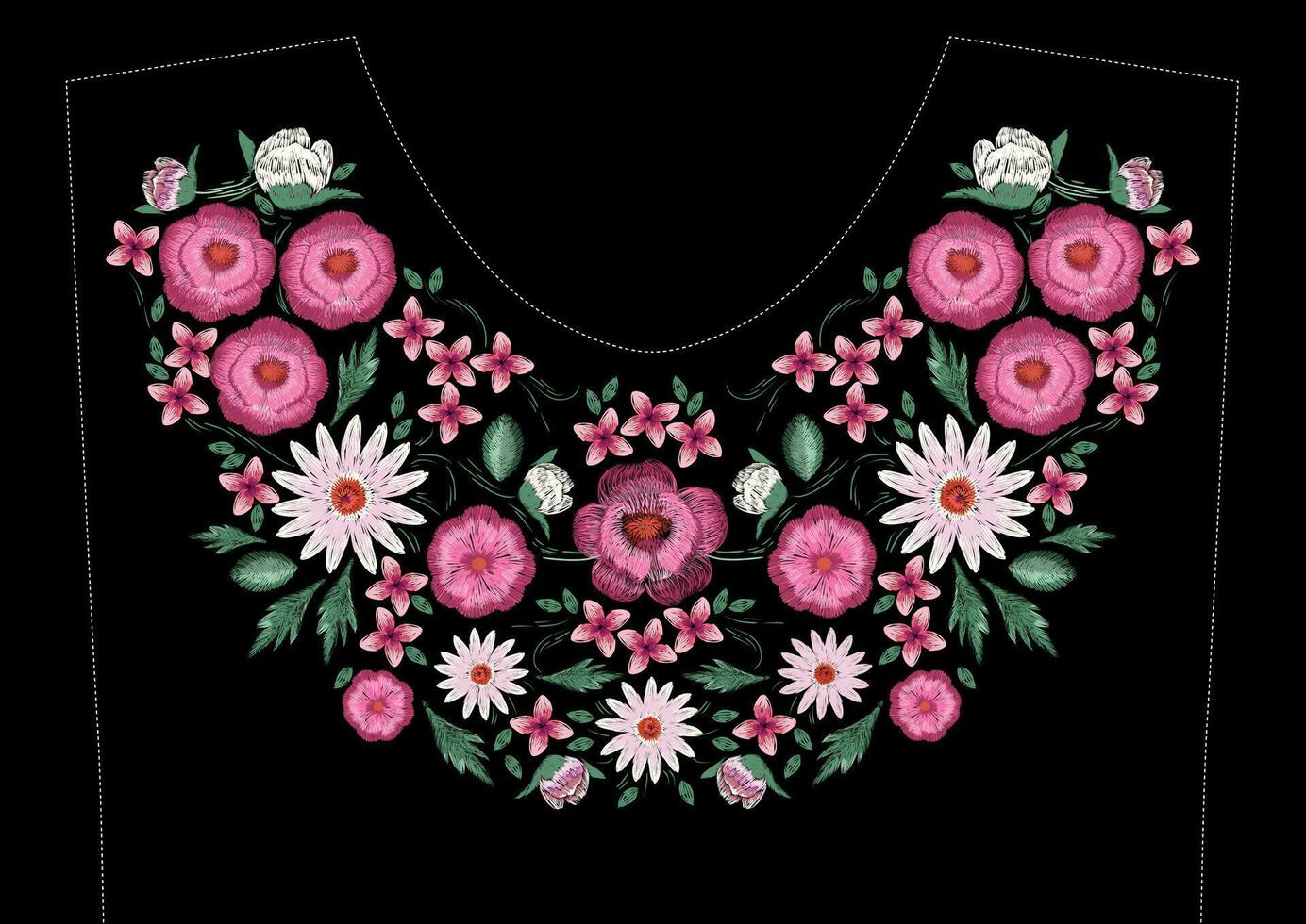 cetim ponto bordado Projeto com flores folk linha floral na moda padronizar para vestir decote. étnico colorida moda enfeite para pescoço em Preto fundo. vetor