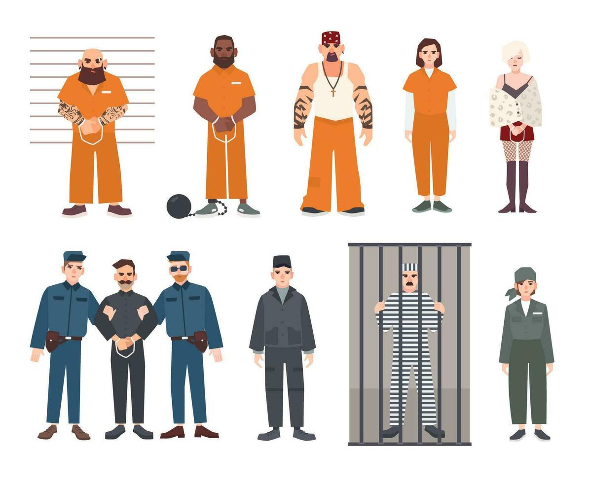 colorida coleção do masculino e fêmea prisioneiros. preso homens e mulheres definir. plano vetor ilustração.