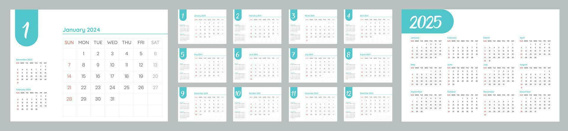escrivaninha calendário Projeto 2024. semana começa em Domingo. calendário ano 2025 em costas página . simples e limpar \ limpo estilo vetor Projeto dentro corporativo ou o negócio usar.