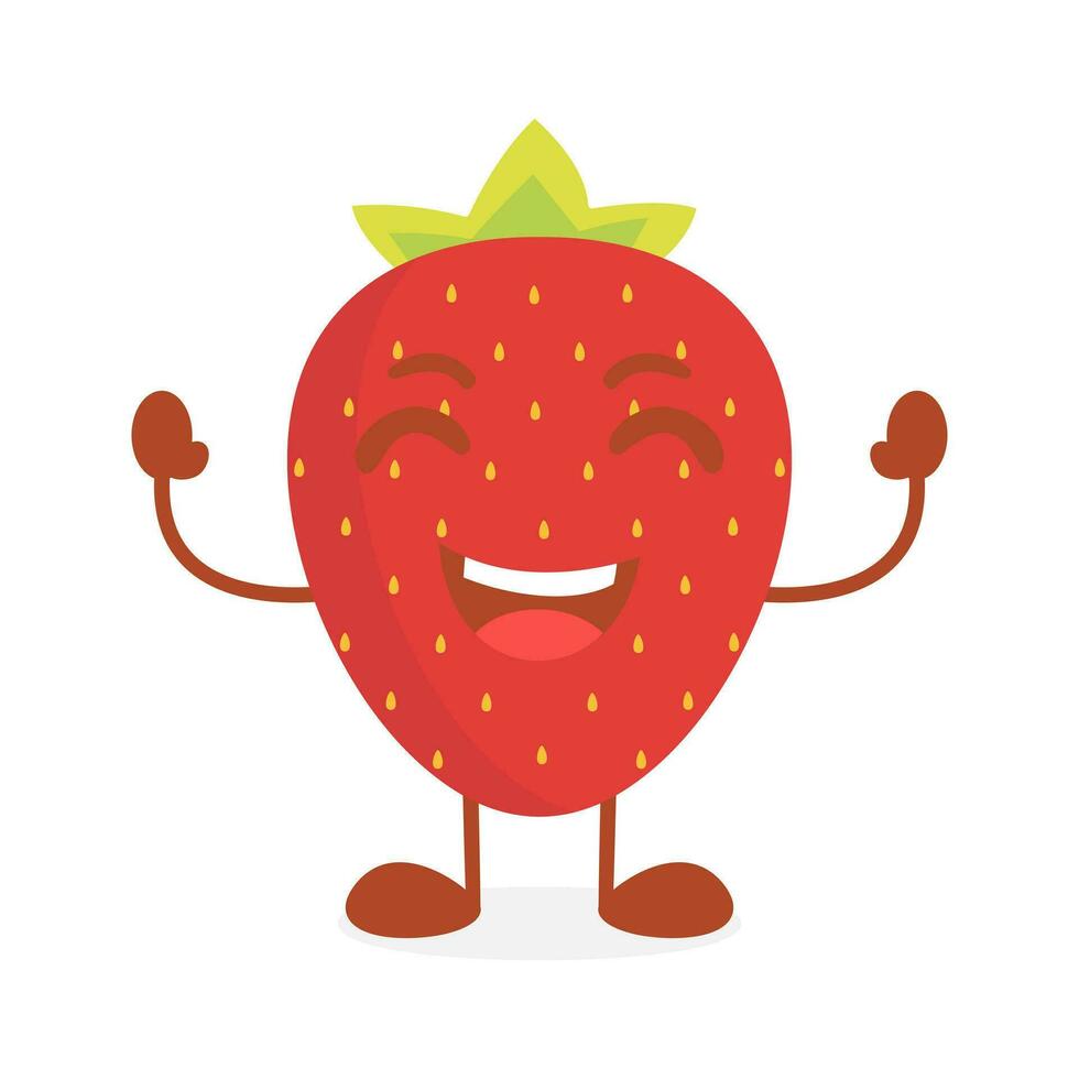 vetor morango fruta desenho animado personagem levantando ambos mãos enquanto rindo
