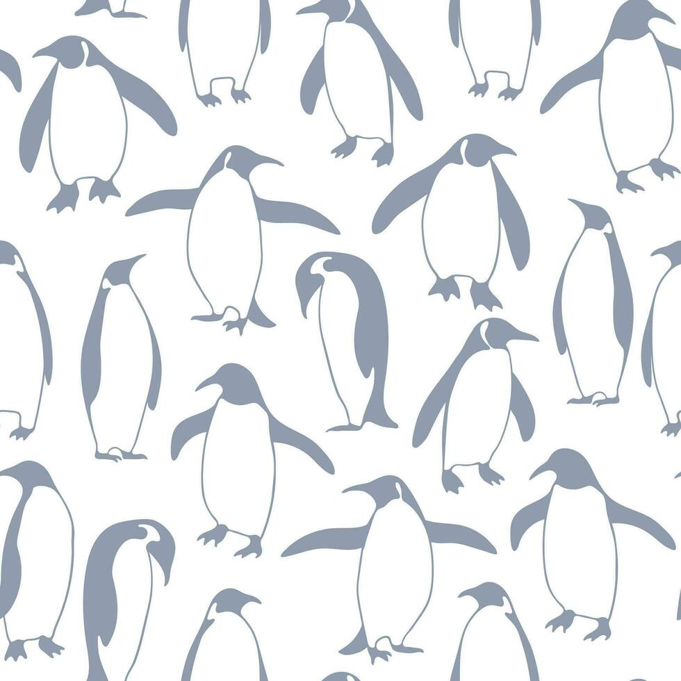 desatado padronizar com imagem do uma muitos pinguins em branco fundo. mão desenhado monocromático inverno Projeto vetor
