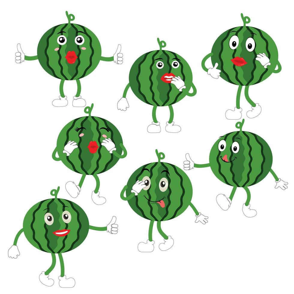 Melancia personagem com vários face expressões. vetor ilustração conjunto do engraçado e fofa desenho animado frutas isolado em branco fundo. mascote coleção.