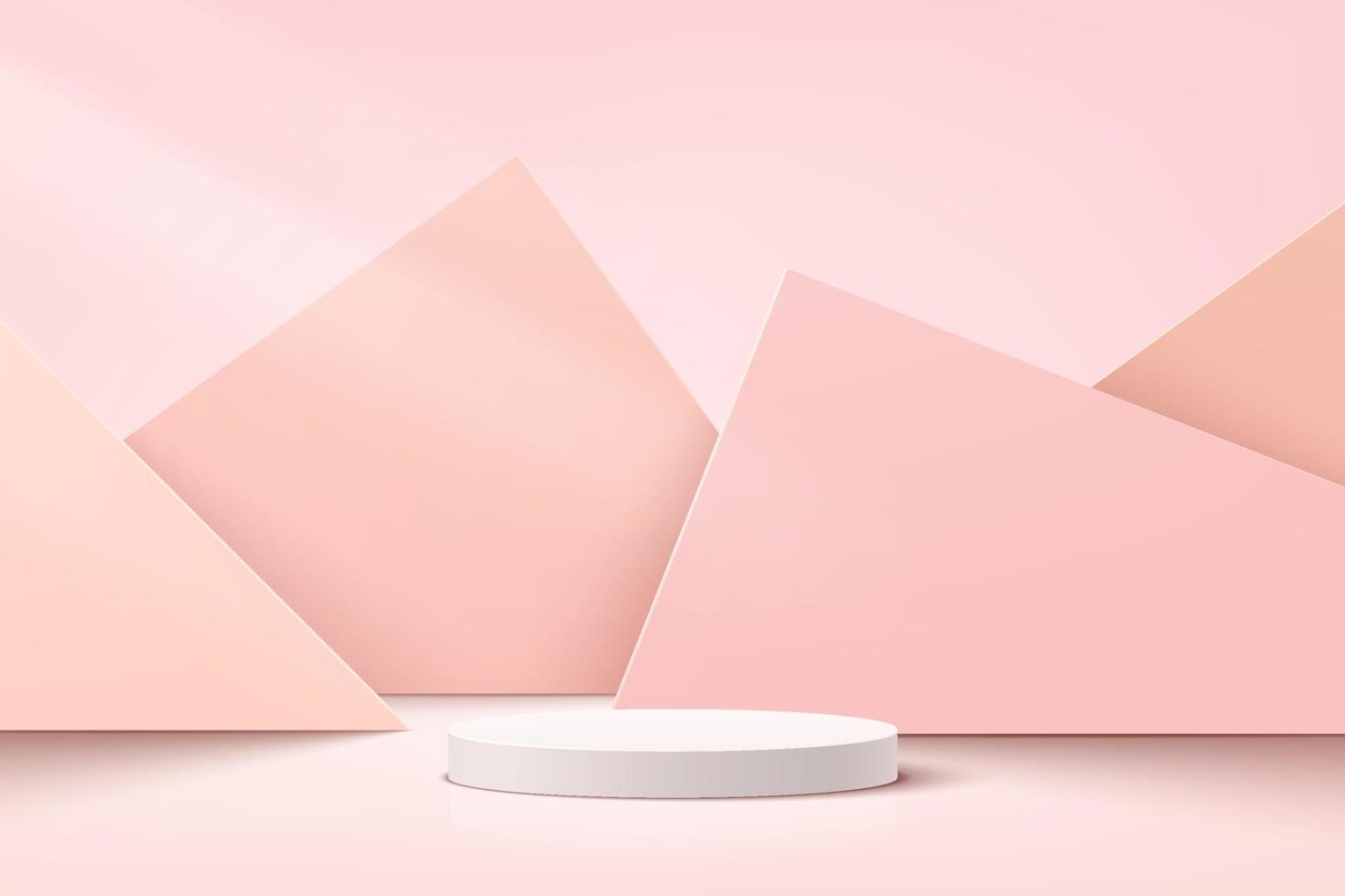 pódio de pedestal geométrico branco e rosa com pano de fundo de camadas de triângulo. vetor