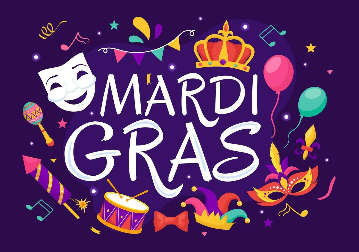 mardi gras carnaval vetor ilustração. tradução é francês para gordo terça-feira. festival com máscaras, maracás, guitarra e penas em roxa fundo