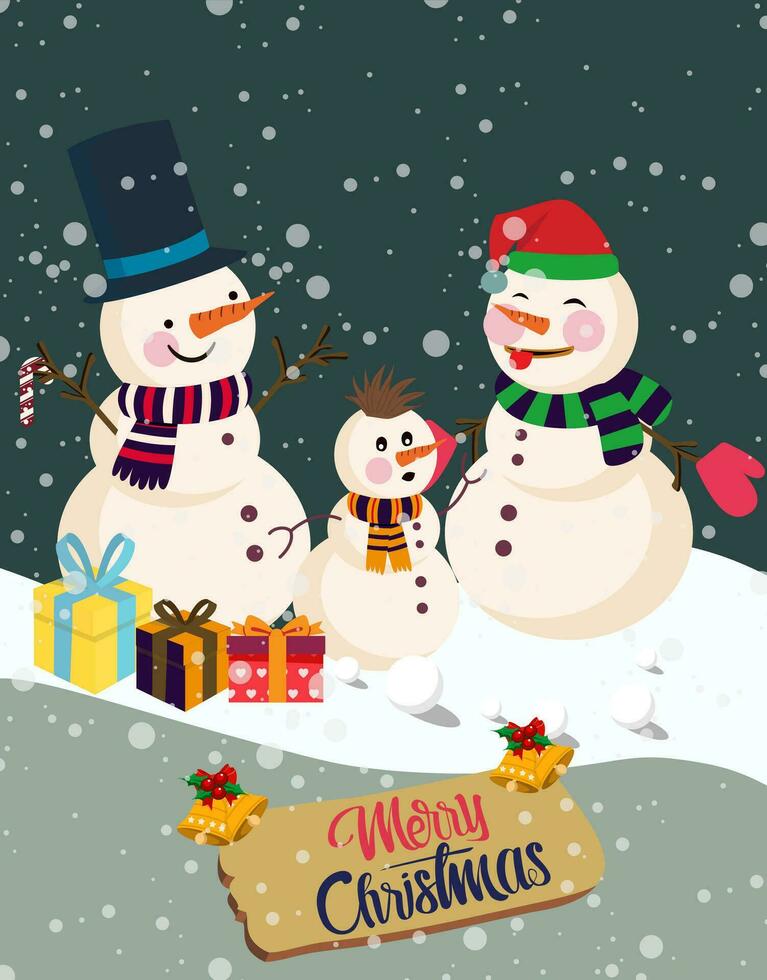 Natal cartão, fofa familiy boneco de neve a comemorar Natal com neve cai e presente caixa vetor