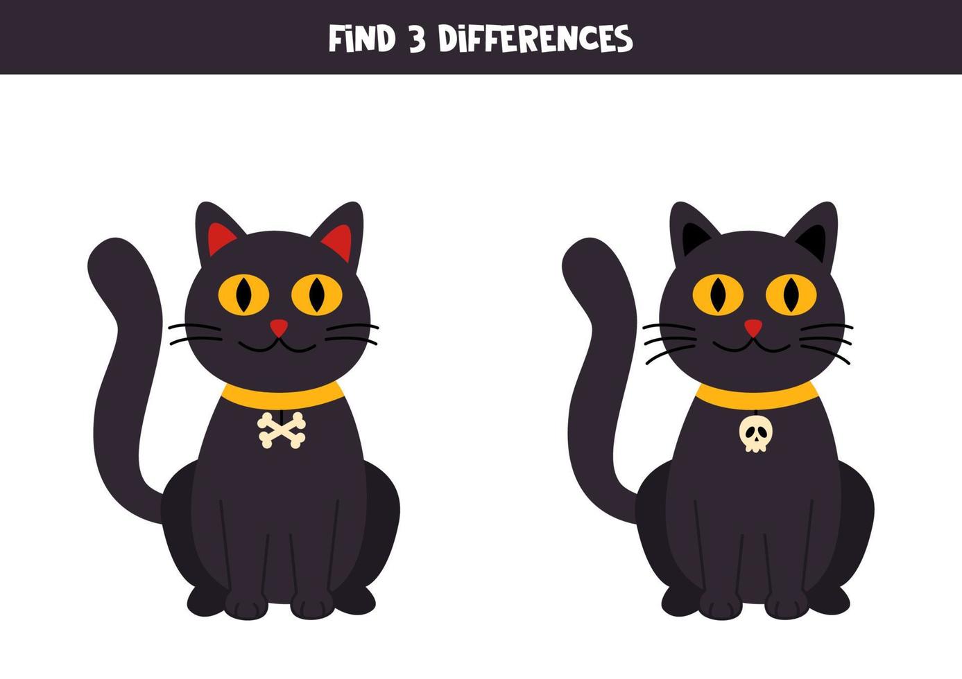encontre três diferenças entre dois gatos pretos do Dia das Bruxas. vetor