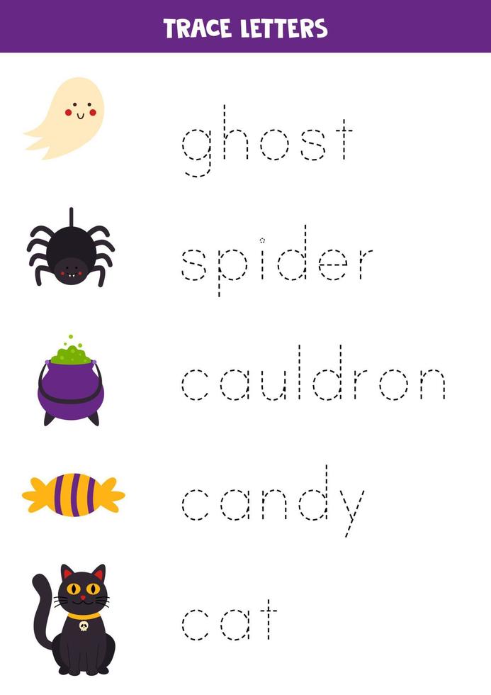 rastreando nomes de elementos de halloween para crianças. vetor