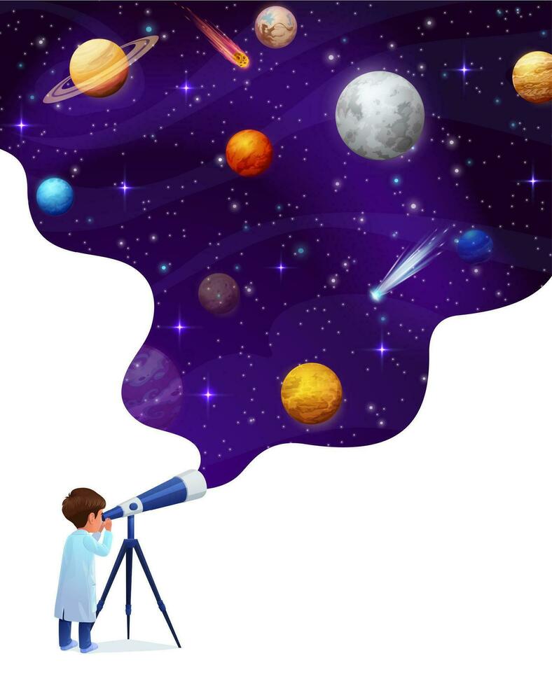 desenho animado criança Garoto Veja dentro telescópio para galáxia espaço vetor