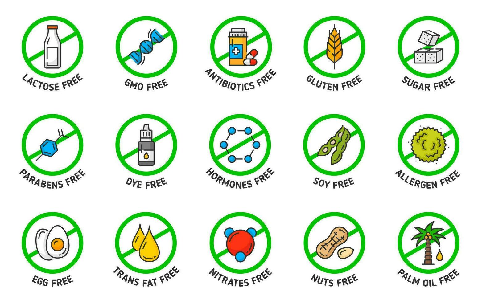 açúcar, glúten, OGM e lactose livre ícones, sinais vetor