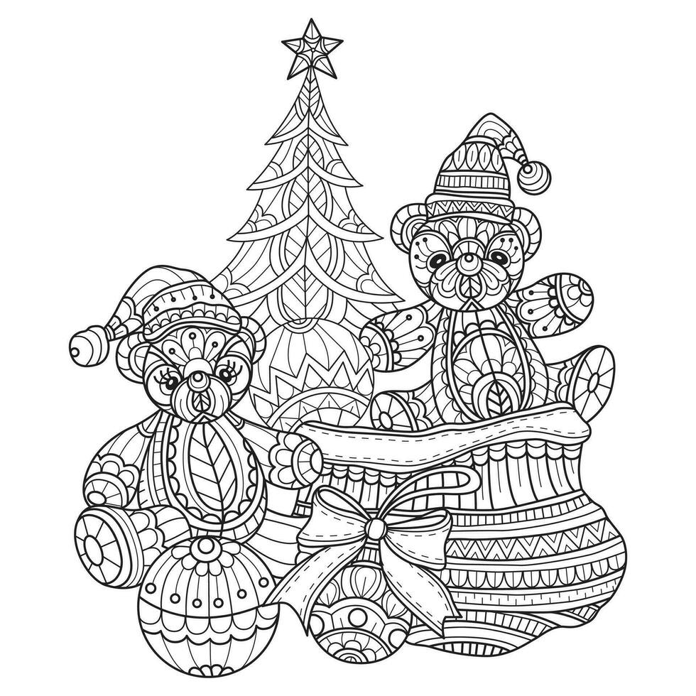 Natal árvore e Urso de pelúcia Urso mão desenhado para adulto coloração livro vetor