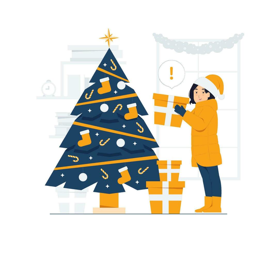 surpreso crianças aberto Natal presentes festa, pinho árvore, santa Papai Noel, trenó, inverno feriados encontro celebração conceito ilustração vetor