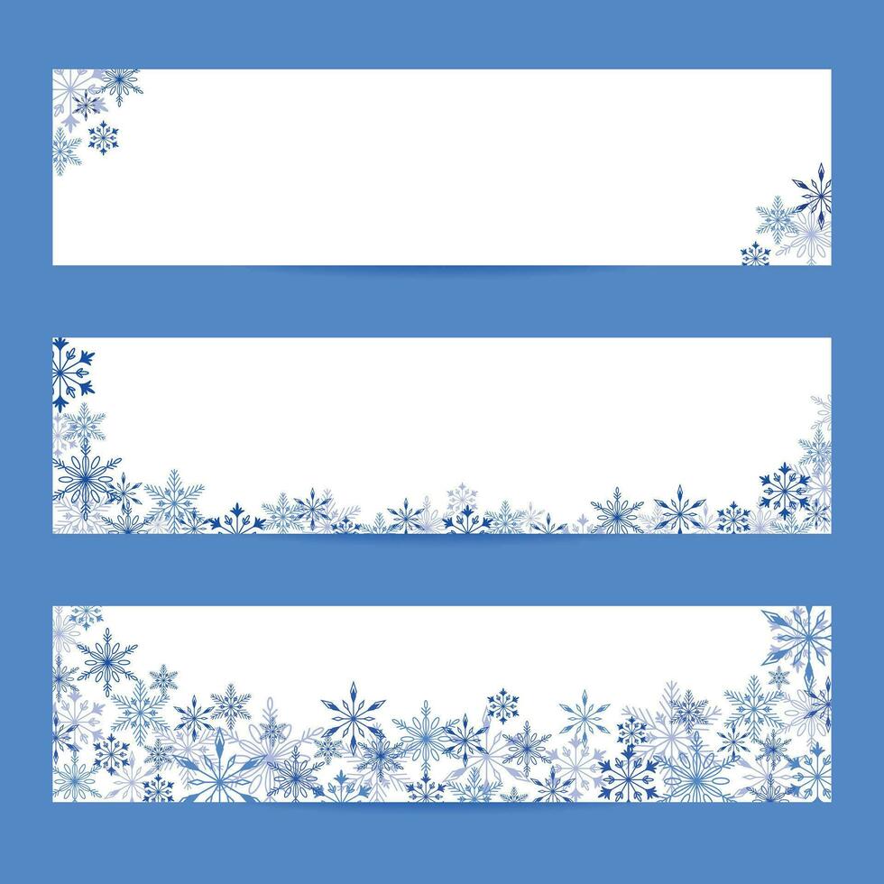 Natal bandeira. conjunto do três faixas com colorida inverno fundo fez do azul flocos de neve. vetor