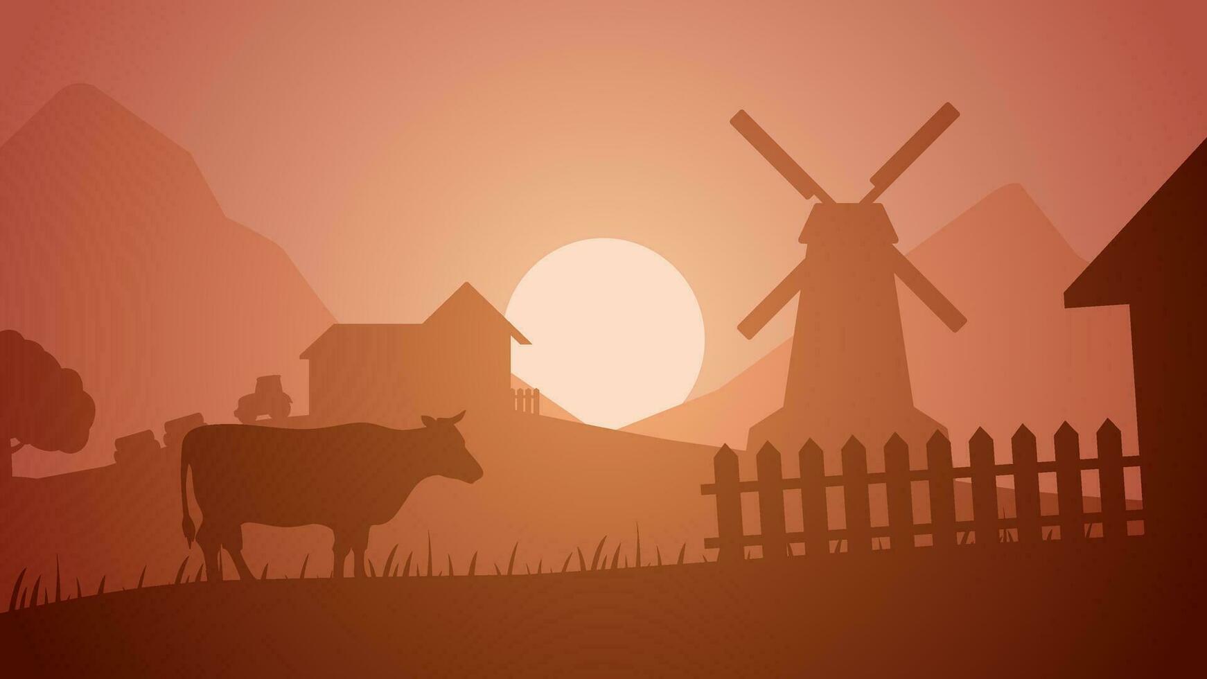terras agrícolas silhueta panorama vetor ilustração. cenário do gado e moinho de vento dentro a campo Fazenda. rural panorama para ilustração, fundo ou papel de parede