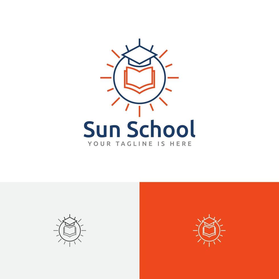 chapéu de formatura de sol brilhante livro escola estudo educação linha logotipo vetor