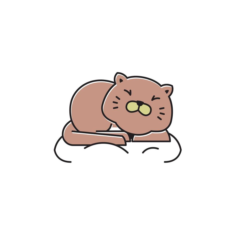 gato gordo feliz sentado dormindo na almofada plana dos desenhos animados ilustração do mascote vetor