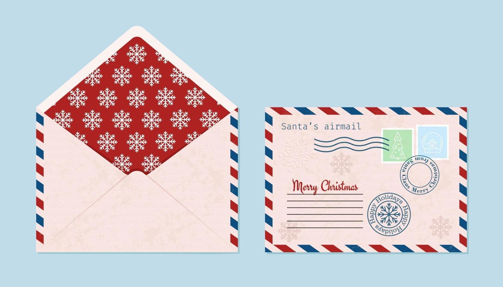 envelope de natal com selos, selos, aberto e fechado. vetor