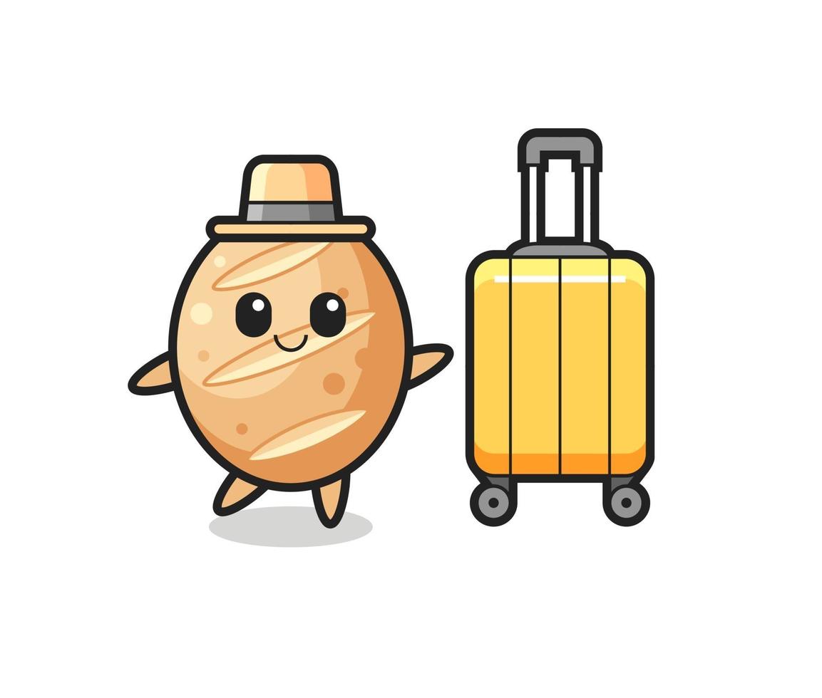 Ilustração de desenho animado de pão francês com bagagem de férias vetor