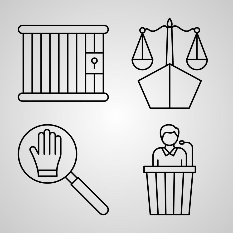 conjunto de ícones simples de ícones de linha relacionados à justiça e à lei vetor
