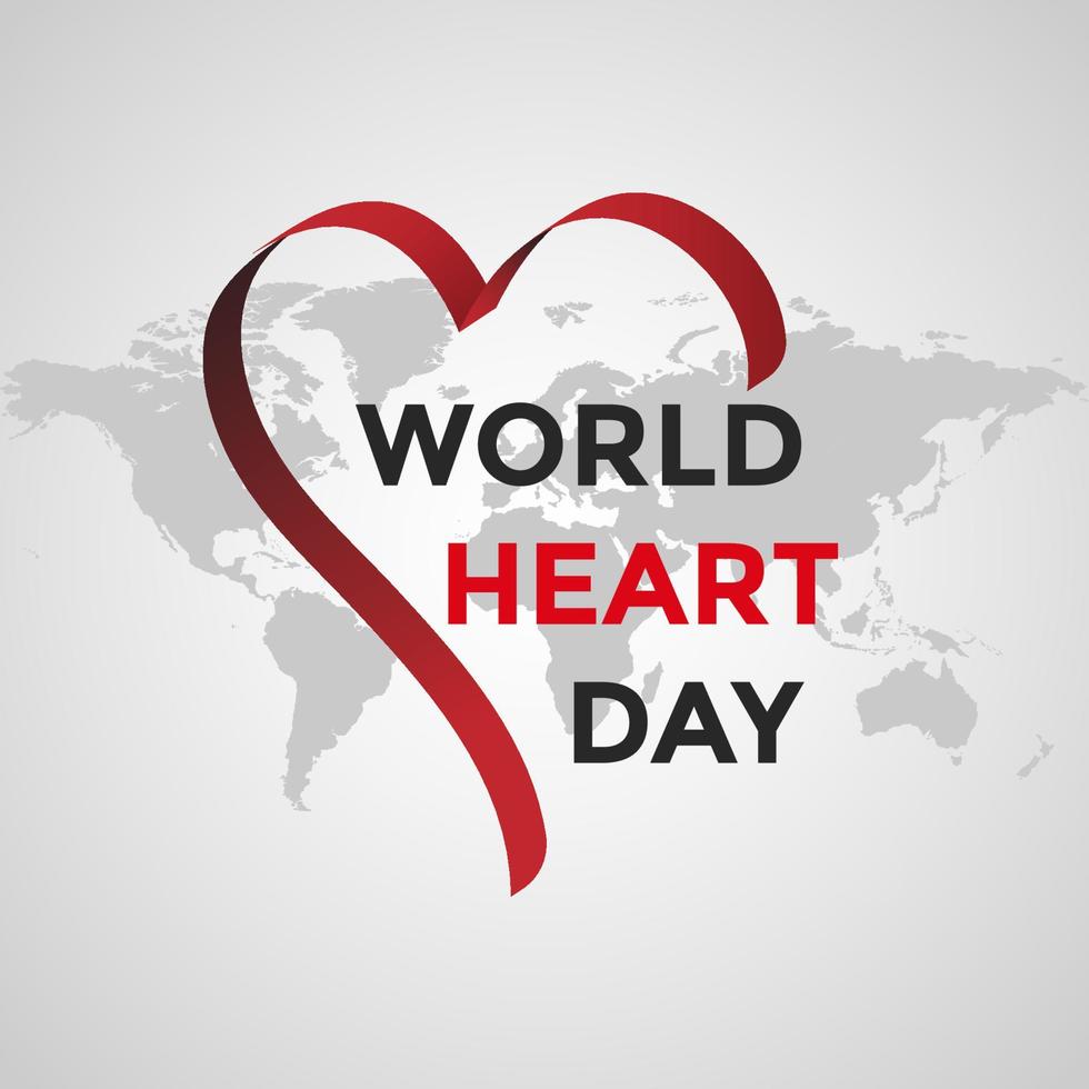 dia mundial do coração com coração em forma de fita no fundo do mapa mundial vetor