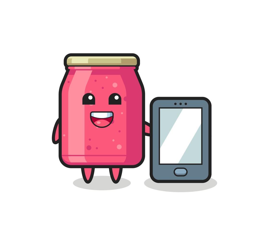 ilustração de geleia de morango segurando um smartphone vetor