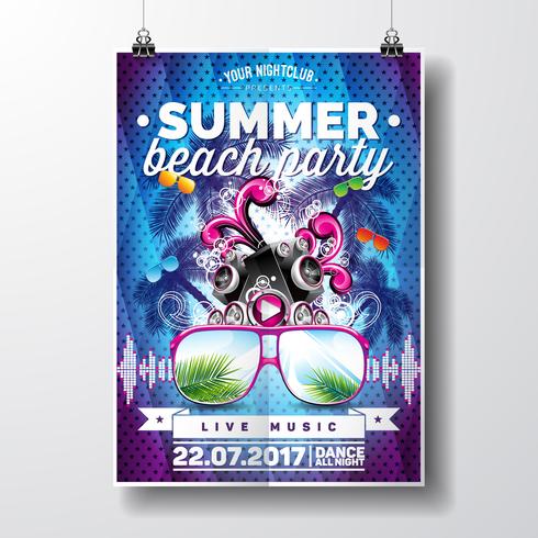 Vector verão praia festa Flyer Design com elementos tipográficos e música