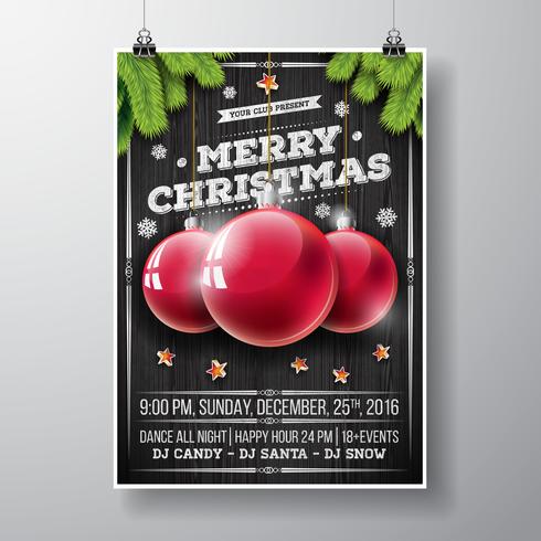 Vector design de festa de Natal feliz com elementos de tipografia de férias e bolas de vidro em fundo de madeira vintage.