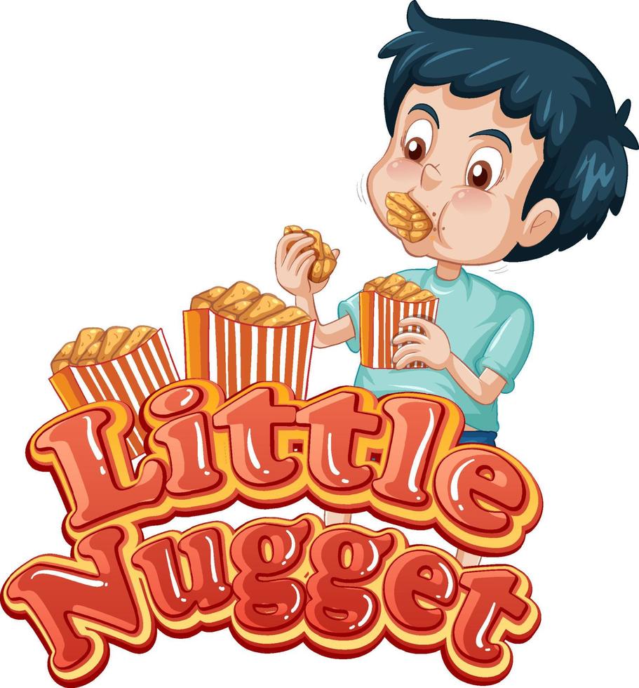 Projeto do texto do logotipo da pequena pepita com um menino comendo nuggets de frango vetor