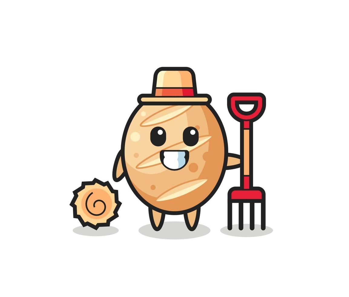 personagem mascote do pão francês como agricultor vetor