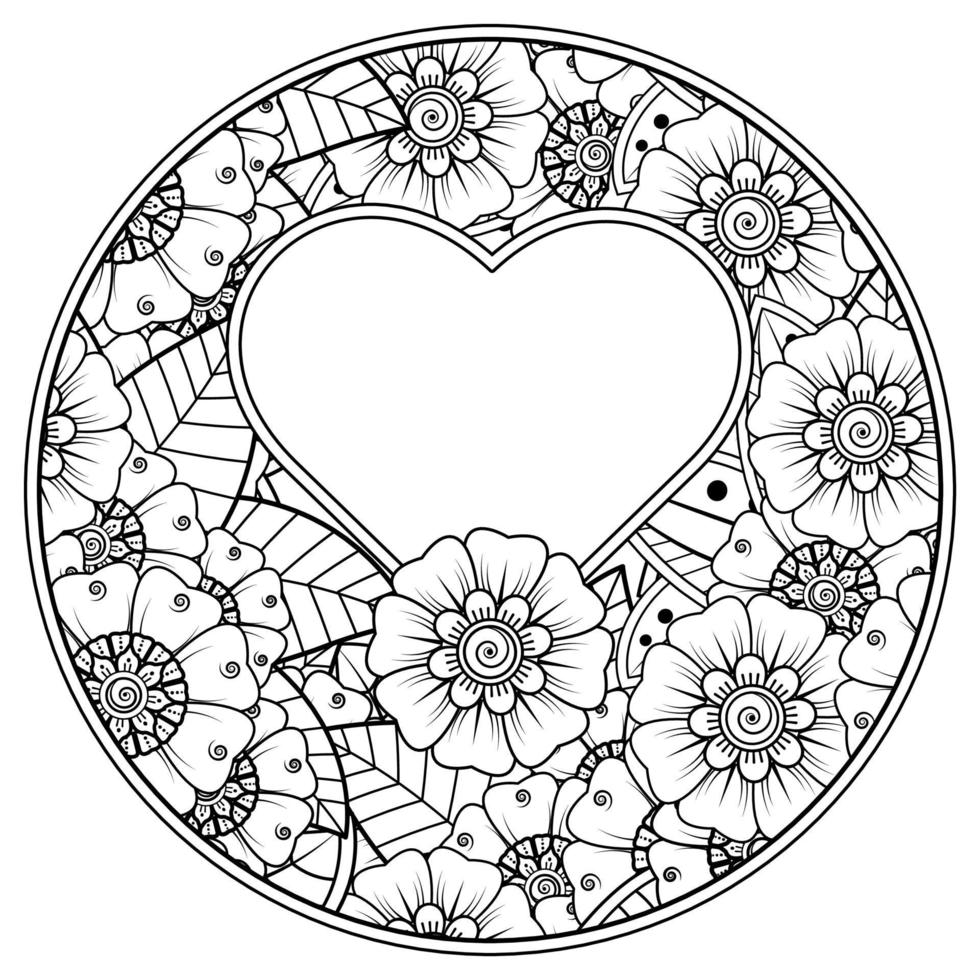 flor mehndi com moldura em forma de coração, ornamento de doodle vetor