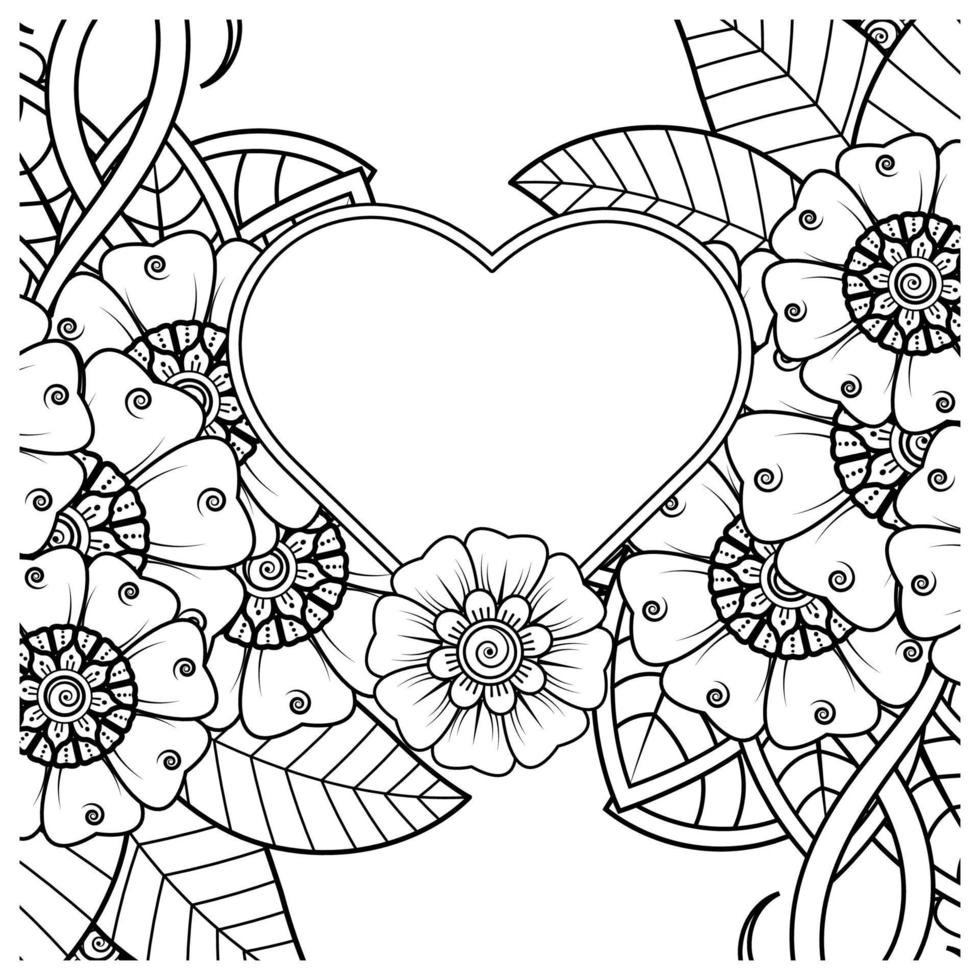 flor mehndi com moldura em forma de coração, ornamento de doodle vetor