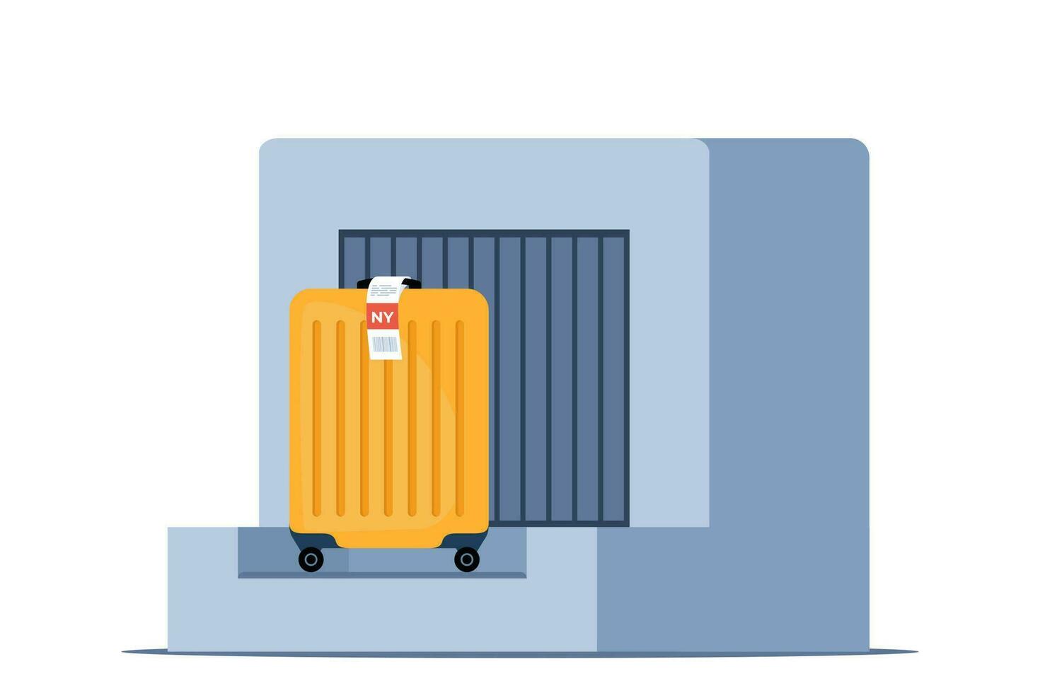 Bagagem check-in. mala de viagem com rótulo em ponderação bagagem cinto. segurança Verifica apontar, metal detector, raio X scanner. vetor ilustração.