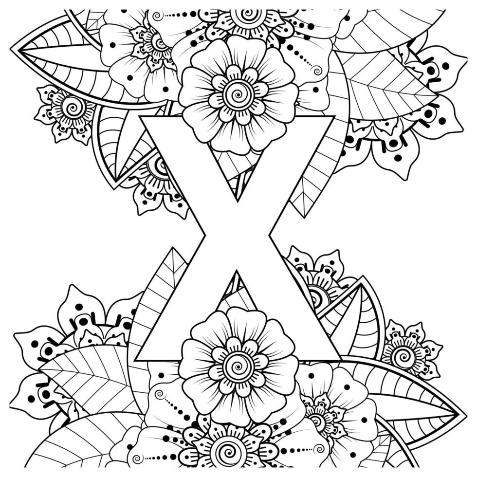 letra x com flor mehndi. ornamento decorativo em étnico oriental vetor