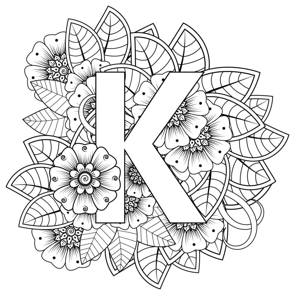 letra k com flor mehndi. ornamento decorativo em étnico oriental vetor
