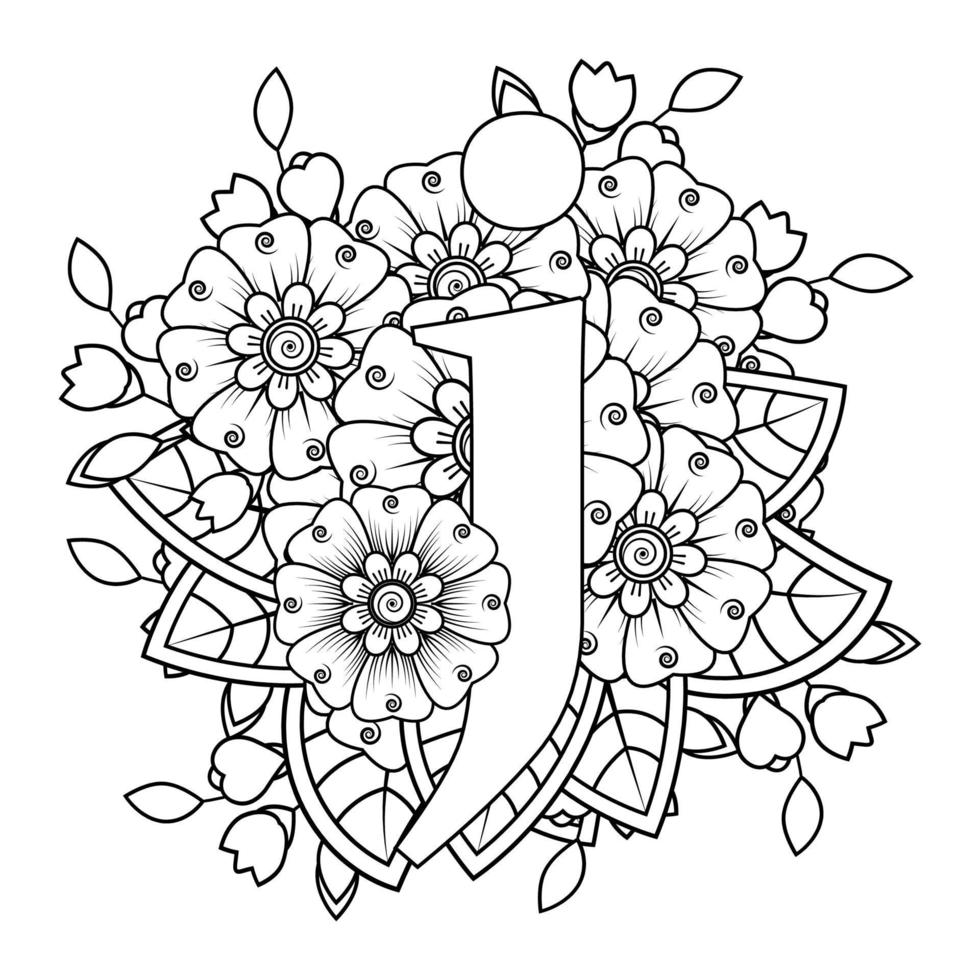 letra j com flor mehndi. ornamento decorativo em étnico oriental vetor