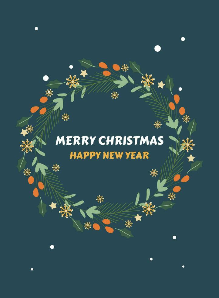 cartão postal com texto feliz Novo ano e alegre Natal com natal decorações e tipografia Projeto. vetor