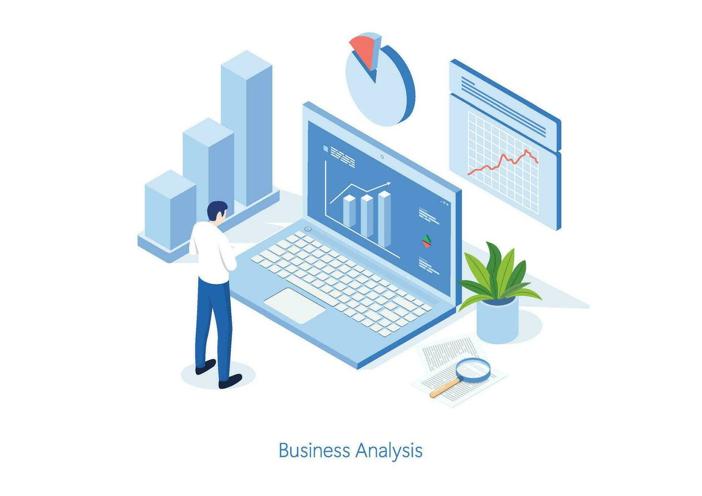 isométrico o negócio homem trabalhando para dados analytics e monitoramento em rede relatório painel de controle monitor e o negócio finança. ilustrador vetor