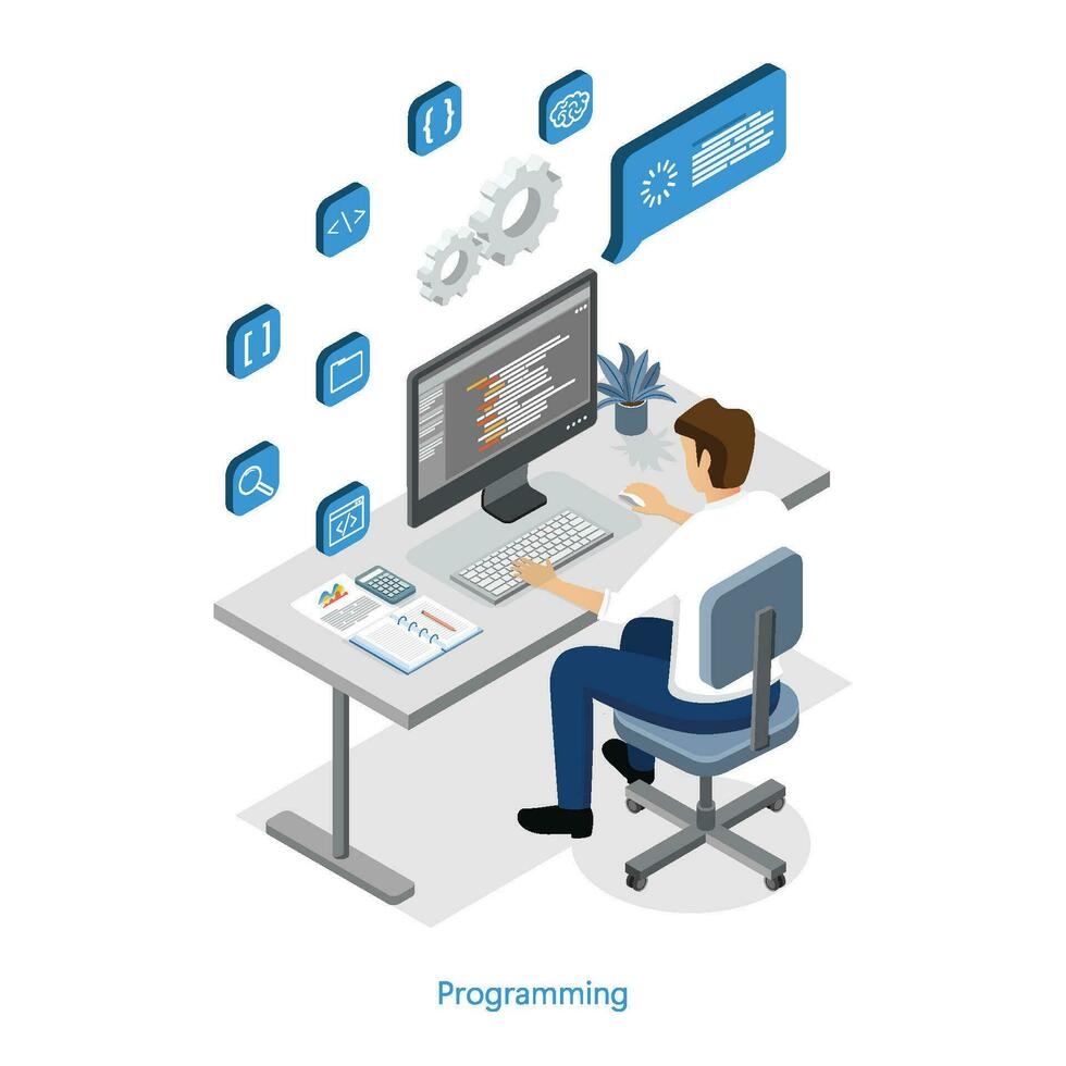 programador às trabalhos conceito bandeira. codificador engenheiro às ambiente de trabalho. isométrico vetor ilustração.