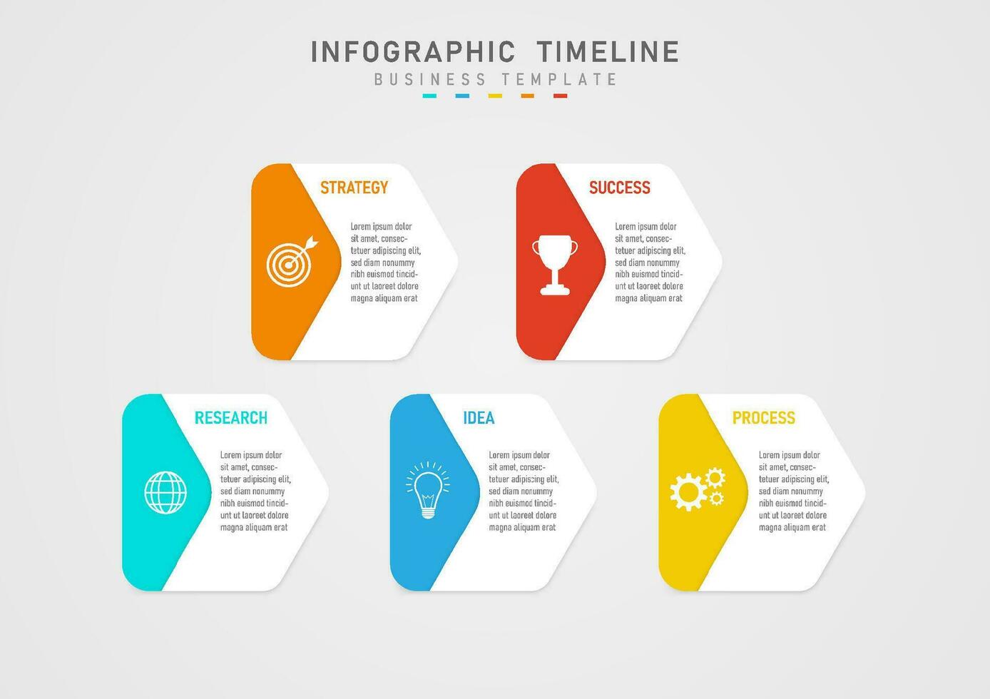 infográfico modelo 5 o negócio planejamento passos para sucesso multicolorido arredondado quadrados uma branco ícone em a esquerda com uma branco quadrado acima a carta dentro a meio em uma cinzento gradiente fundo. vetor