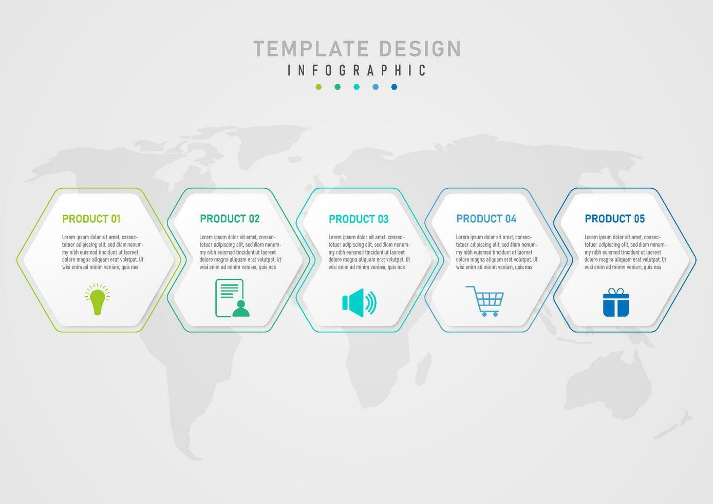 infográfico modelo com 5 produtos opções branco hexagonal cartas com colori inferior ícones e multicolorido contornos. mundo mapa debaixo cinzento gradiente fundo projetado para negócios, marketing vetor