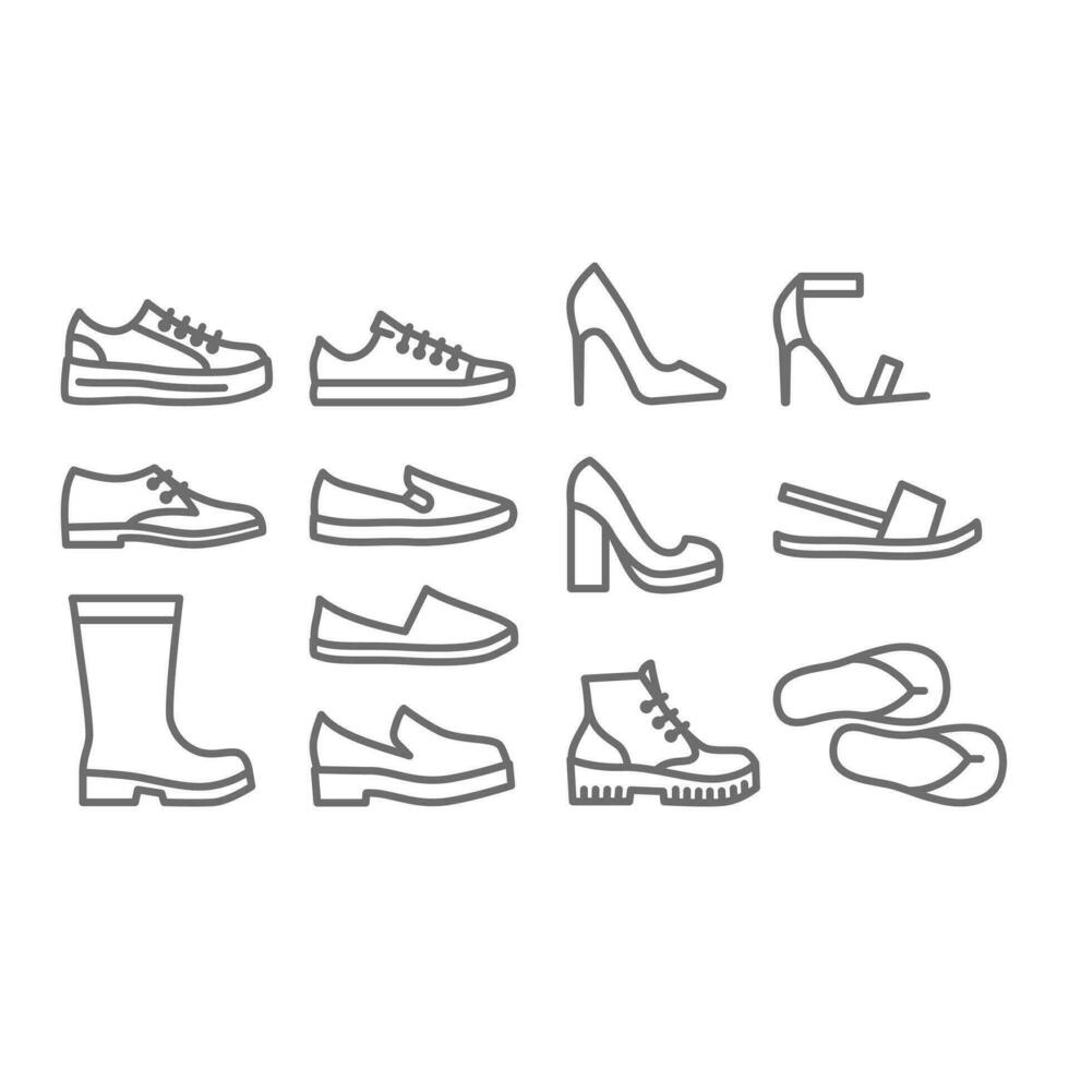 sapato, homens e mulheres vetor ícone definir. Alto salto, tênis e chuteiras sapato ícones. editável linha.
