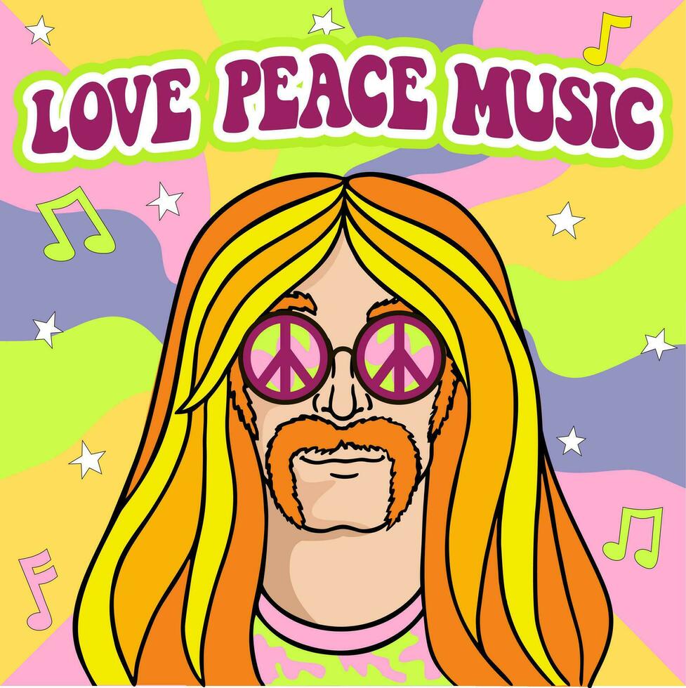 hippie homem dentro volta oculos de sol com uma símbolo do paz, vetor ilustração dentro a estilo do a anos 70. símbolo pacifismo e liberdade.