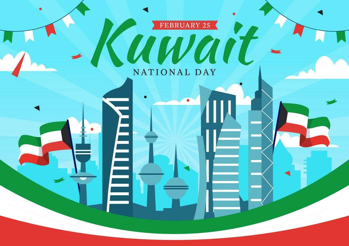 nacional Kuwait dia vetor ilustração em fevereiro Dia 25 com marco, acenando bandeira e independência celebração dentro plano desenho animado fundo