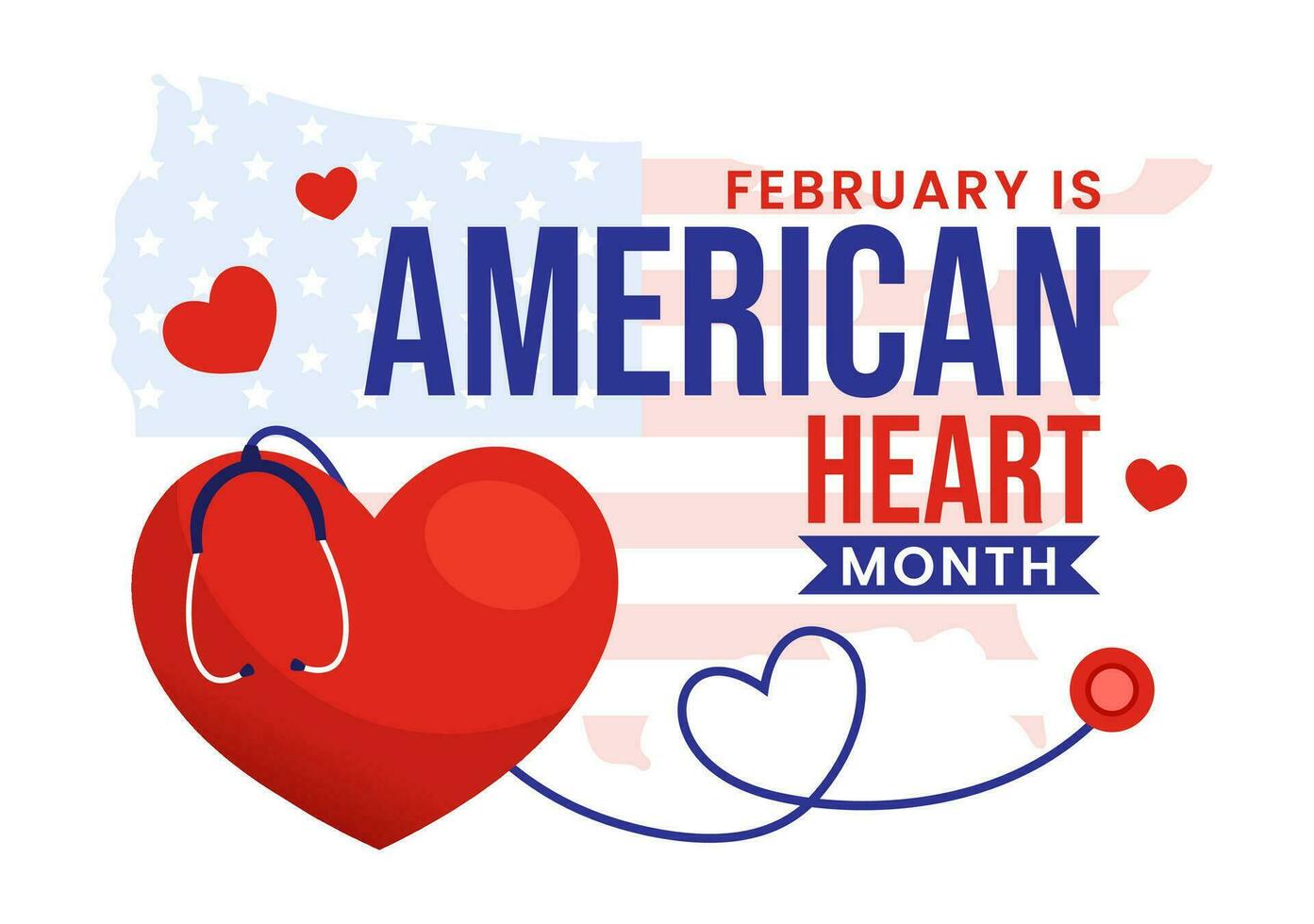 fevereiro é americano coração mês vetor ilustração com EUA bandeira e vermelho amor para saudável dentro plano desenho animado fundo Projeto