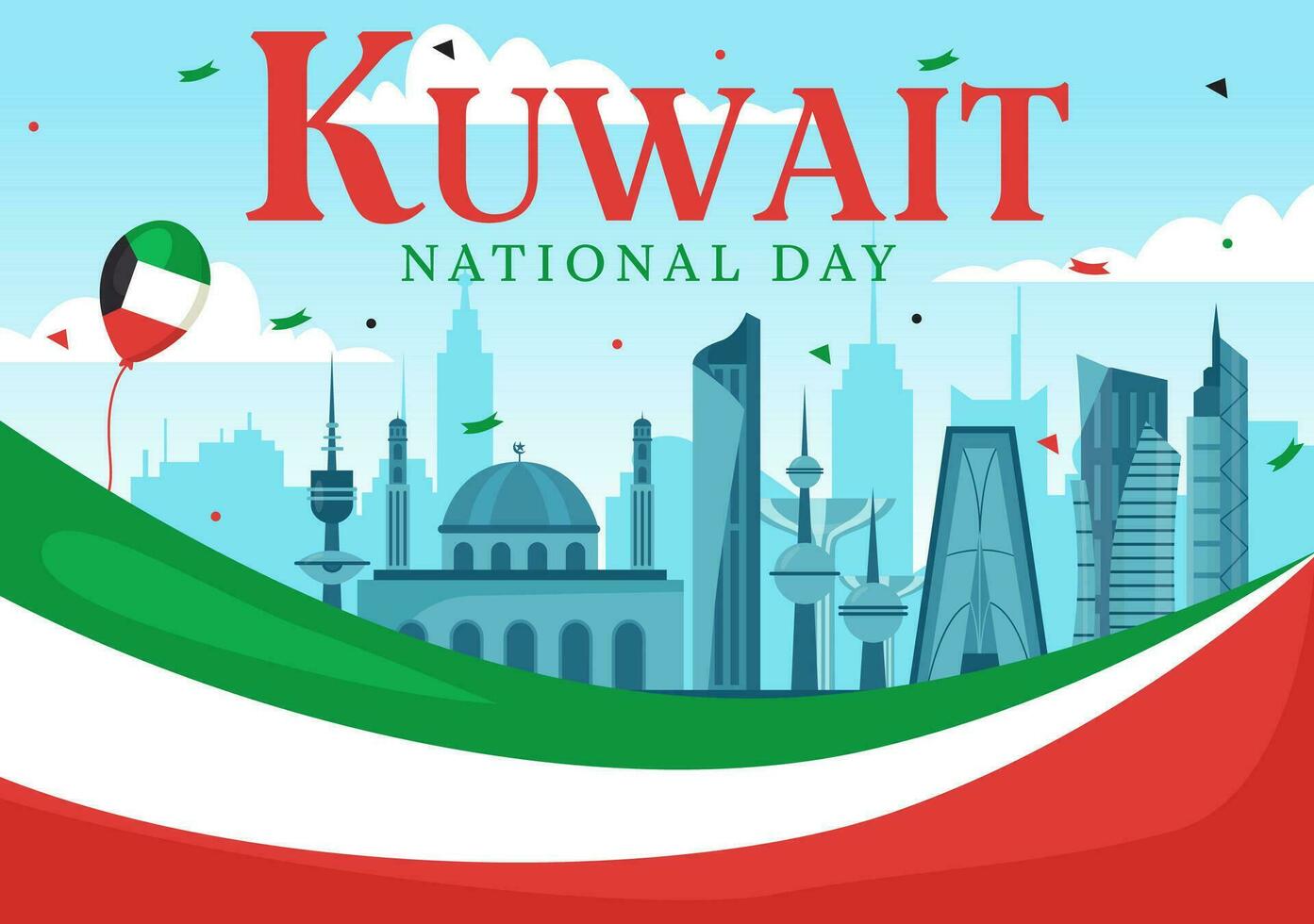 nacional Kuwait dia vetor ilustração em fevereiro Dia 25 com marco, acenando bandeira e independência celebração dentro plano desenho animado fundo
