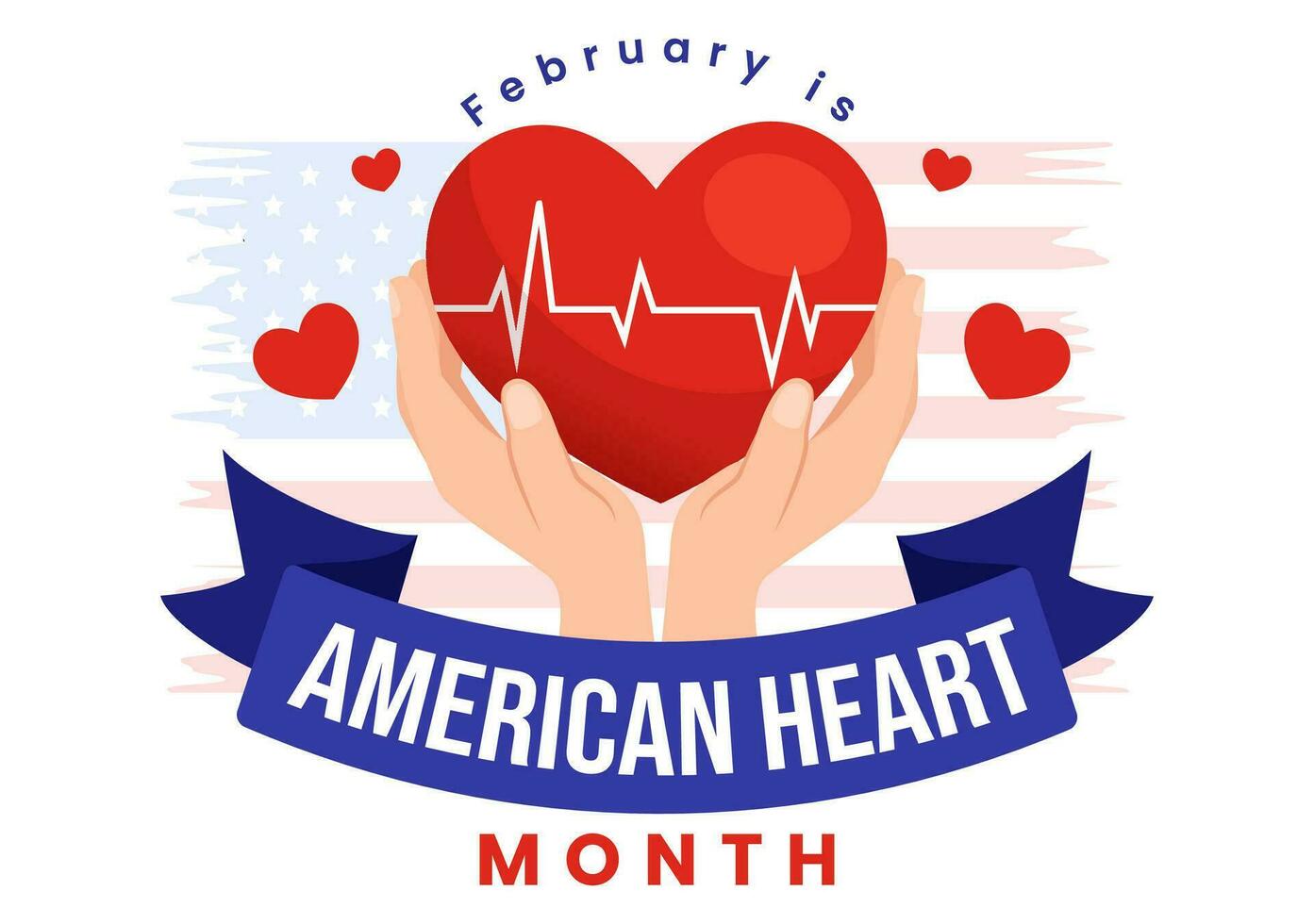 fevereiro é americano coração mês vetor ilustração com EUA bandeira e vermelho amor para saudável dentro plano desenho animado fundo Projeto
