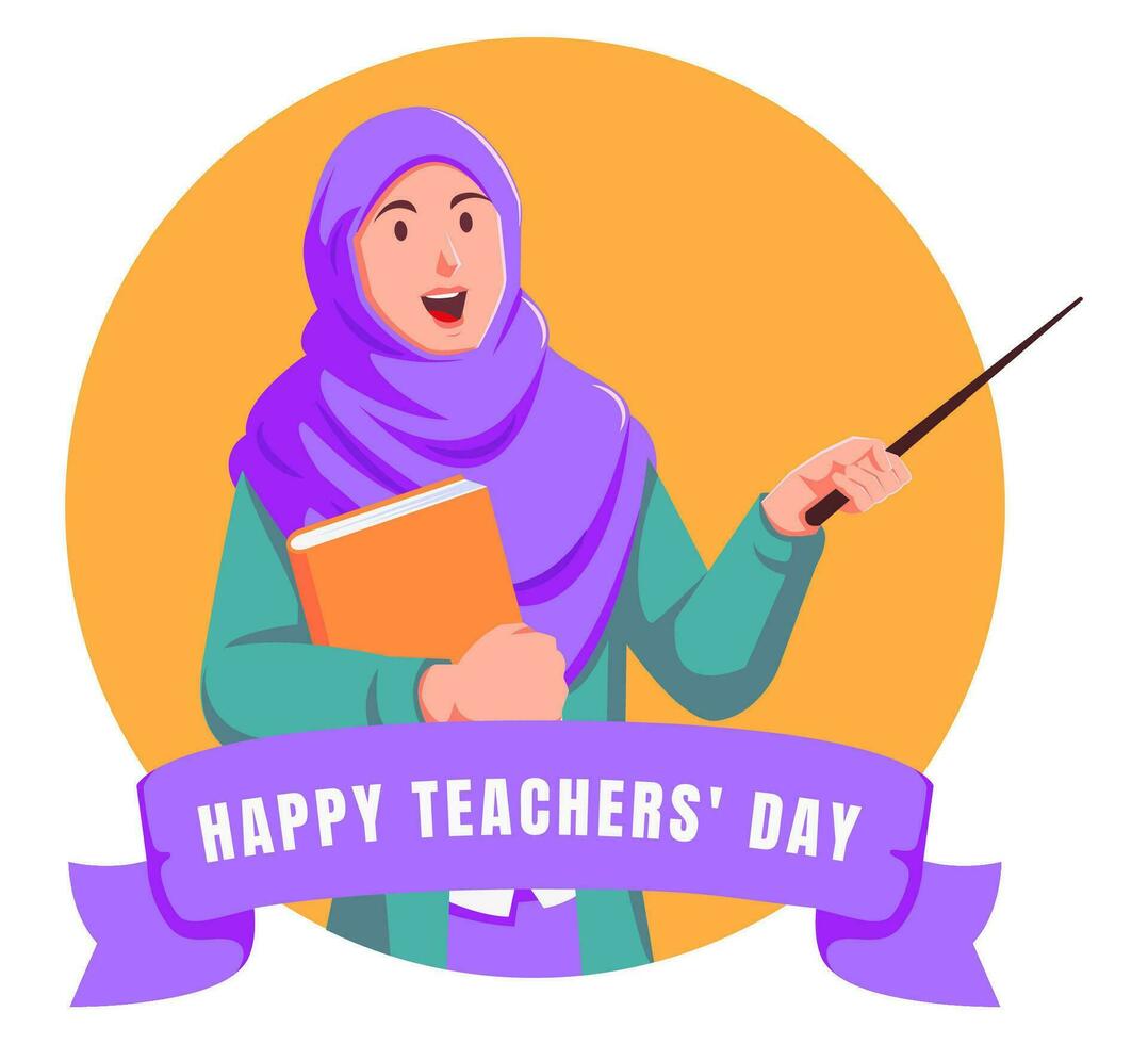 feliz professores dia com muçulmano fêmea professor segurando livro e ponteiro vetor