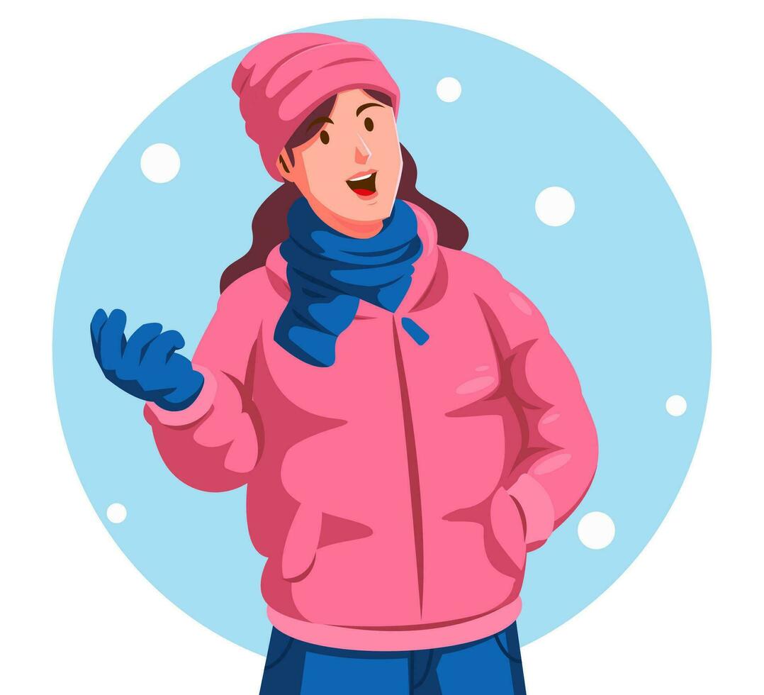 ilustração do uma mulher dentro uma caloroso Jaqueta segurando uma floco de neve vetor