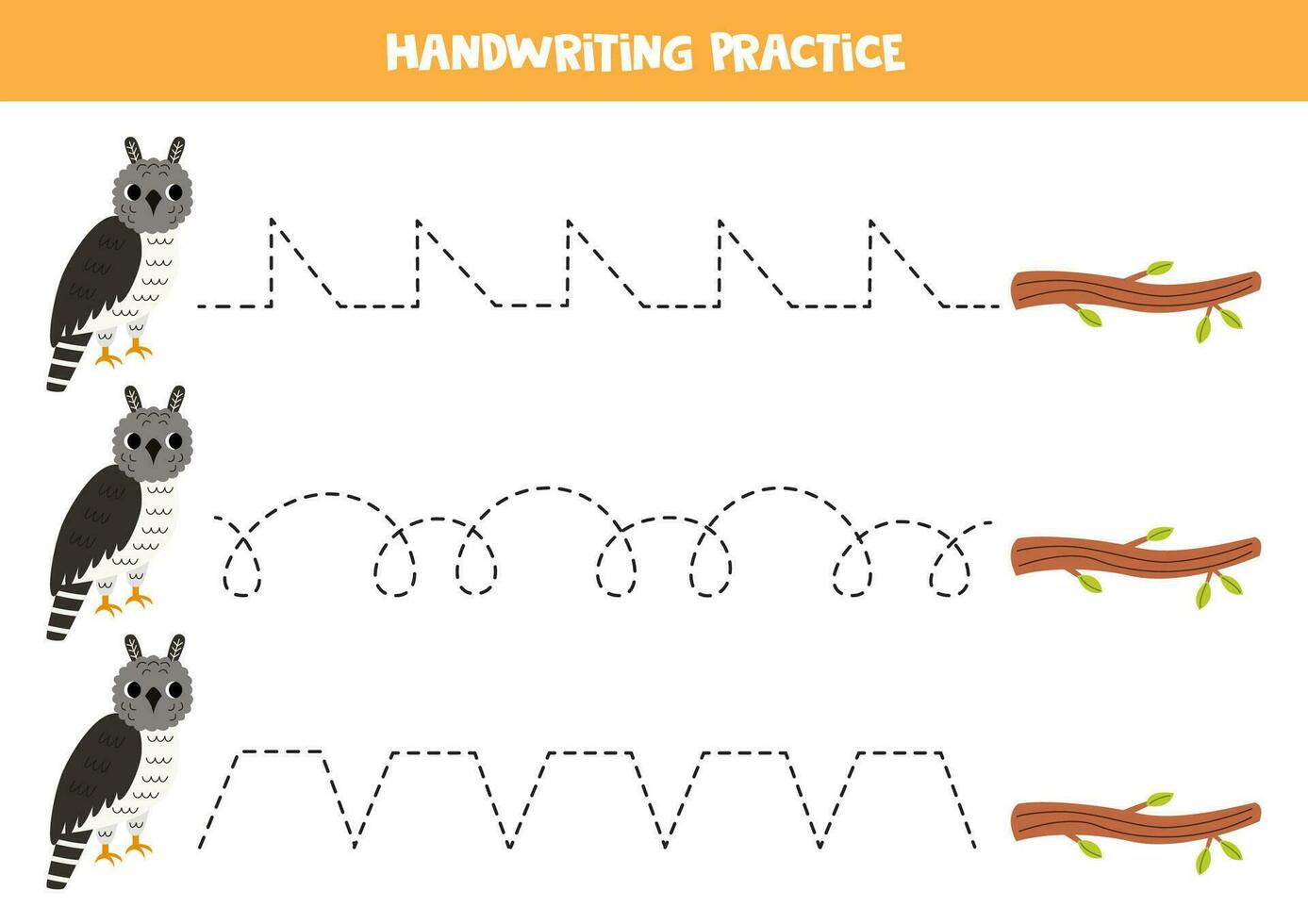 rastreamento linhas para crianças. fofa desenho animado harpia Águia e árvore ramo. caligrafia prática. vetor