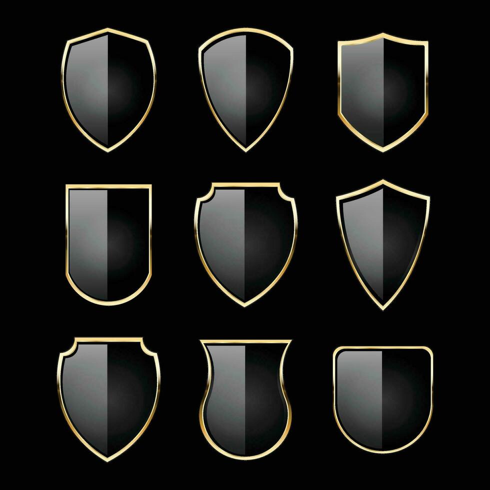 luxo dourado Preto escudo Distintivos e rótulos. retro vintage heráldico escudo crachá Projeto vetor