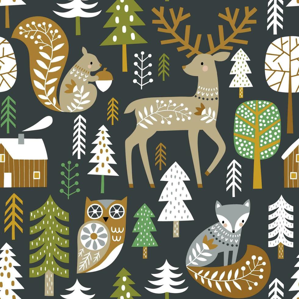 padrão perfeito com animais bonitos da floresta e bosques. ilustração da floresta escandinava vetor